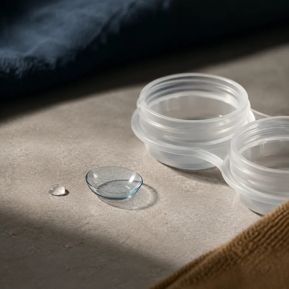 Contactlens naast een transparant lensdoosje